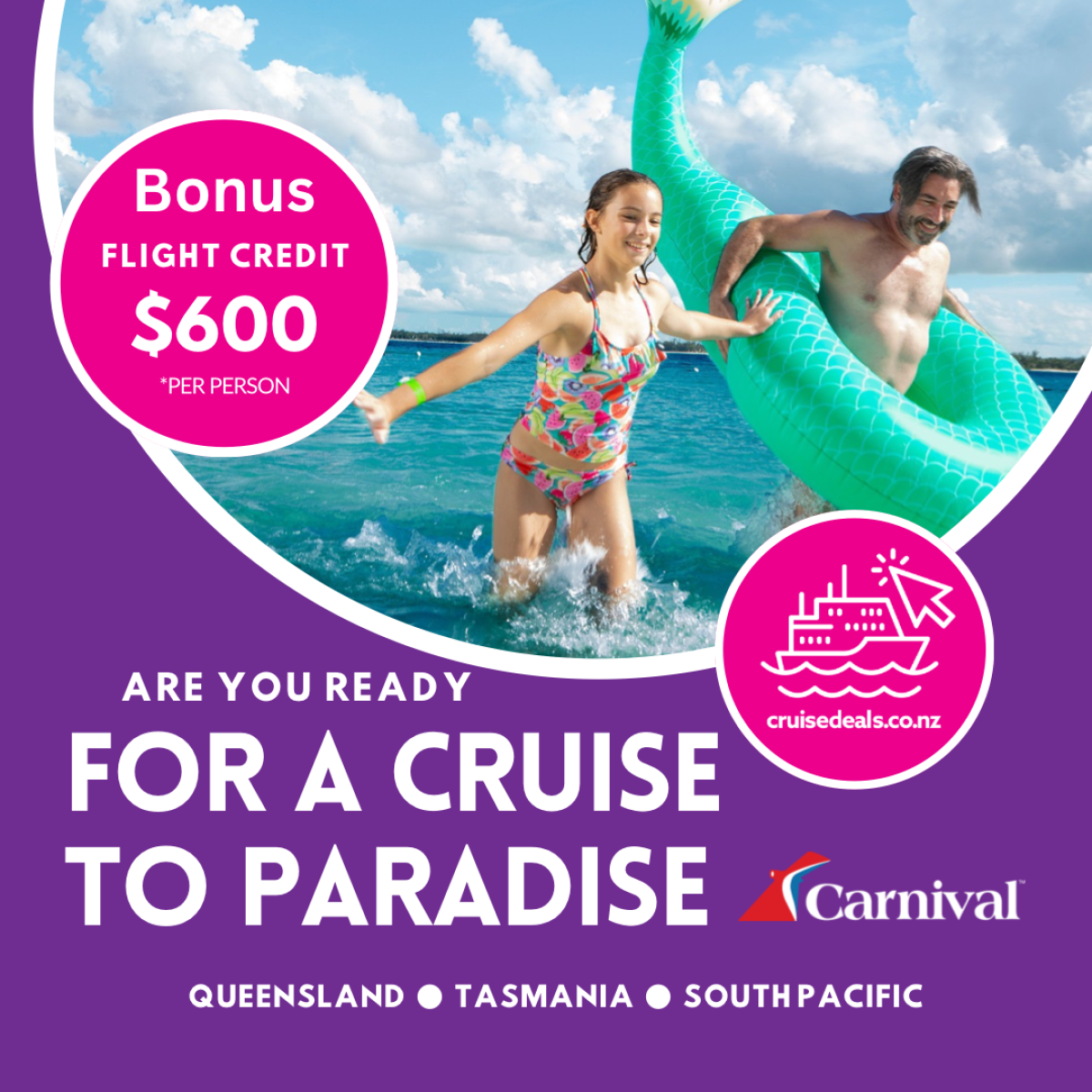 Carnival Fun Flight Fares for Kiwis with $600pp Flight credit