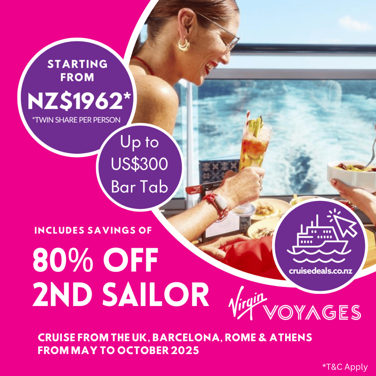 Virgin Voyages Save 80% Off 2nd Sailor PLUS up to US$300 Bar Tab