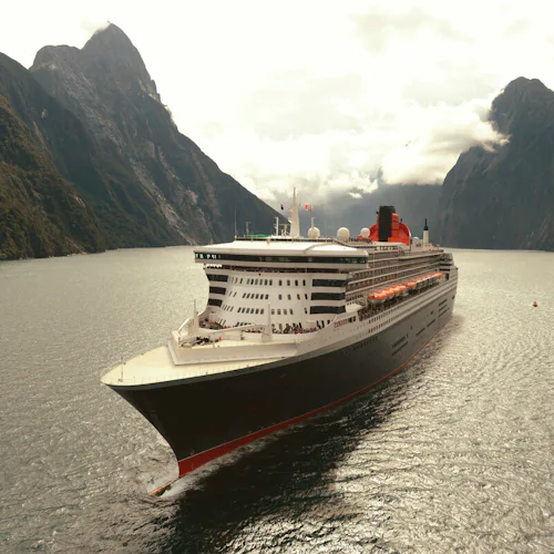 Cunard QM2 cruising in Milford Sound